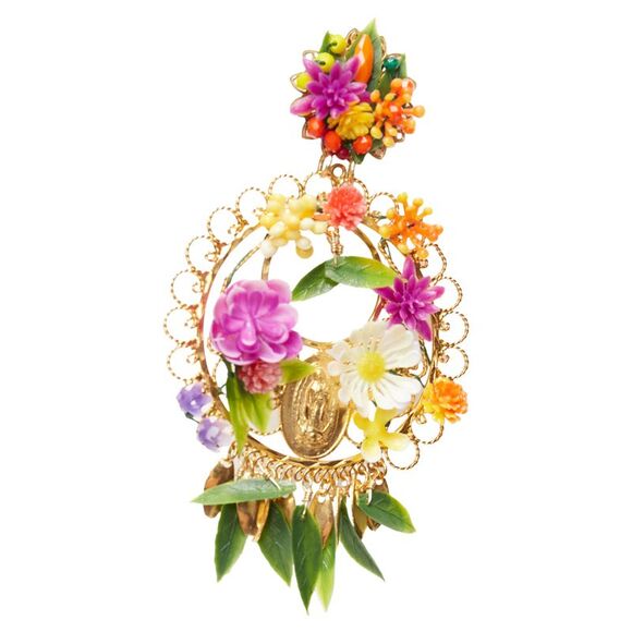 Mercedes Salazar Plastic Flower Gold Rosary Clip On Earrings - Picture 4 of 6